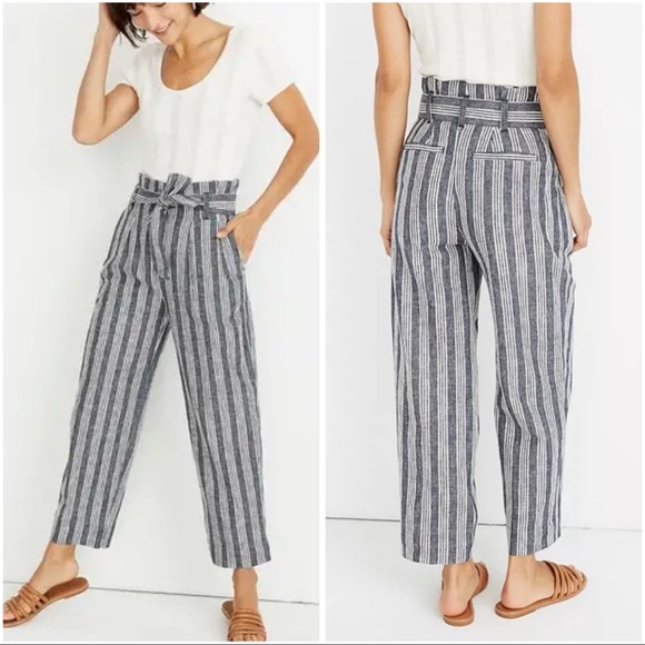 Madewell Pants - Madewell Paperbag Deep Indigo Striped Belted Linen Pants
